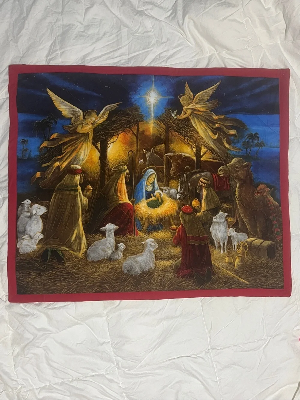 Christmas Nativity Wall Hanging Tapestry - Blue and Red